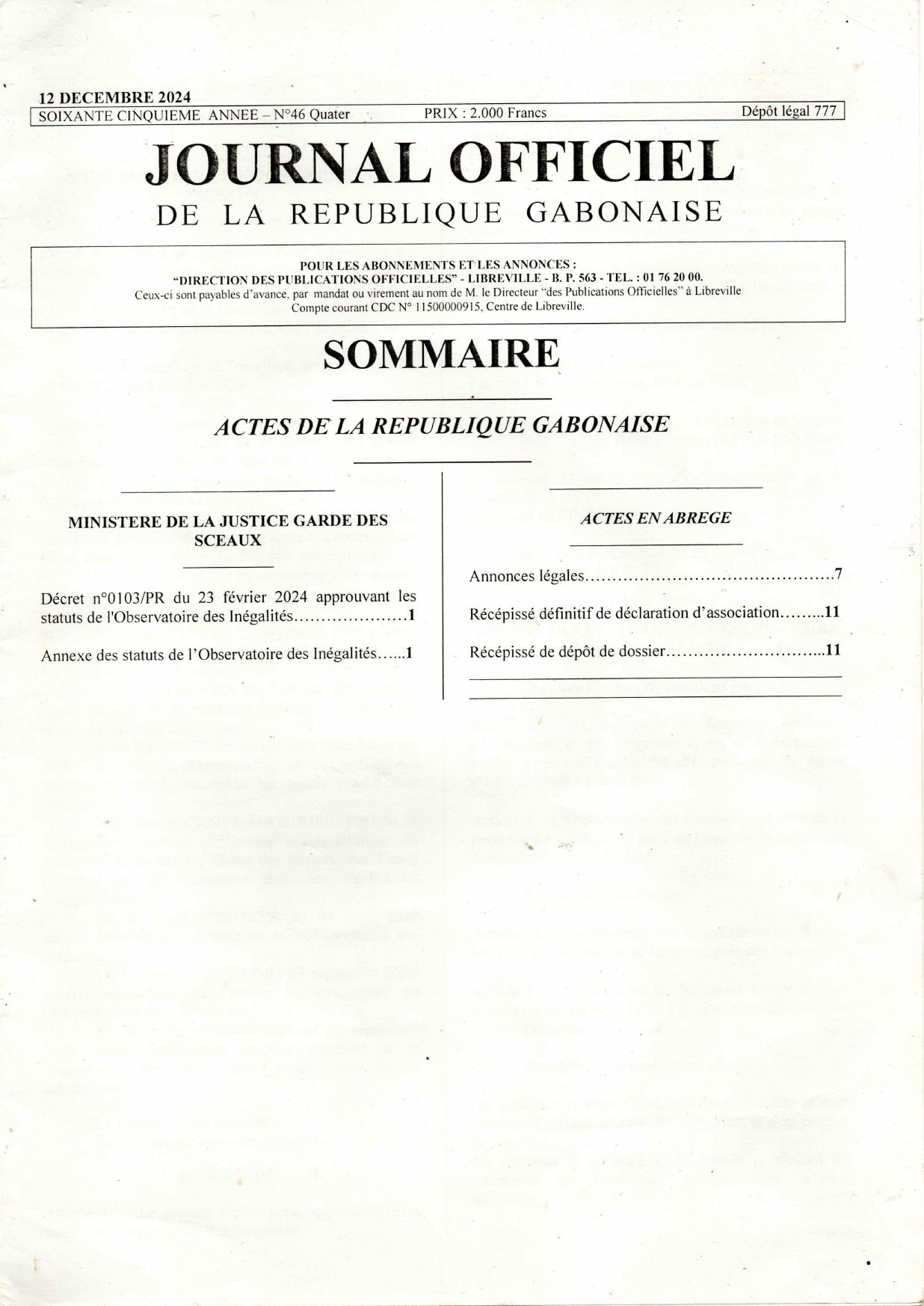 Journal Officiel de la République Gabonaise, publication du récépissé