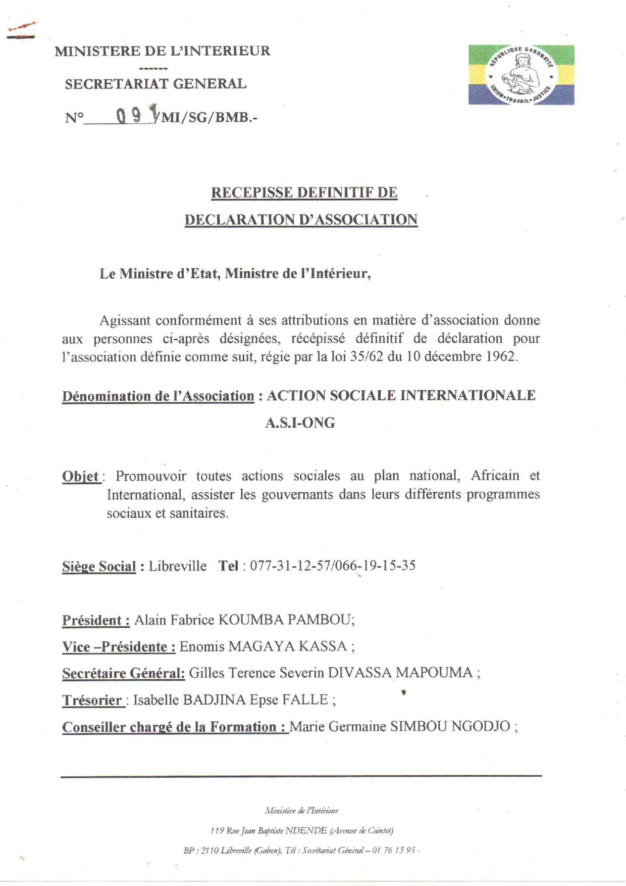 Récépissé définitif de déclaration d'association