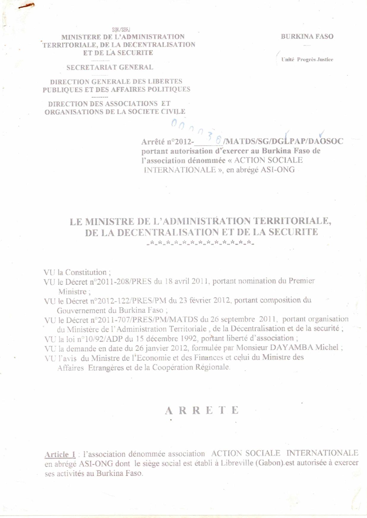 Arrêté portant autorisation d'exercer au Burkina Faso