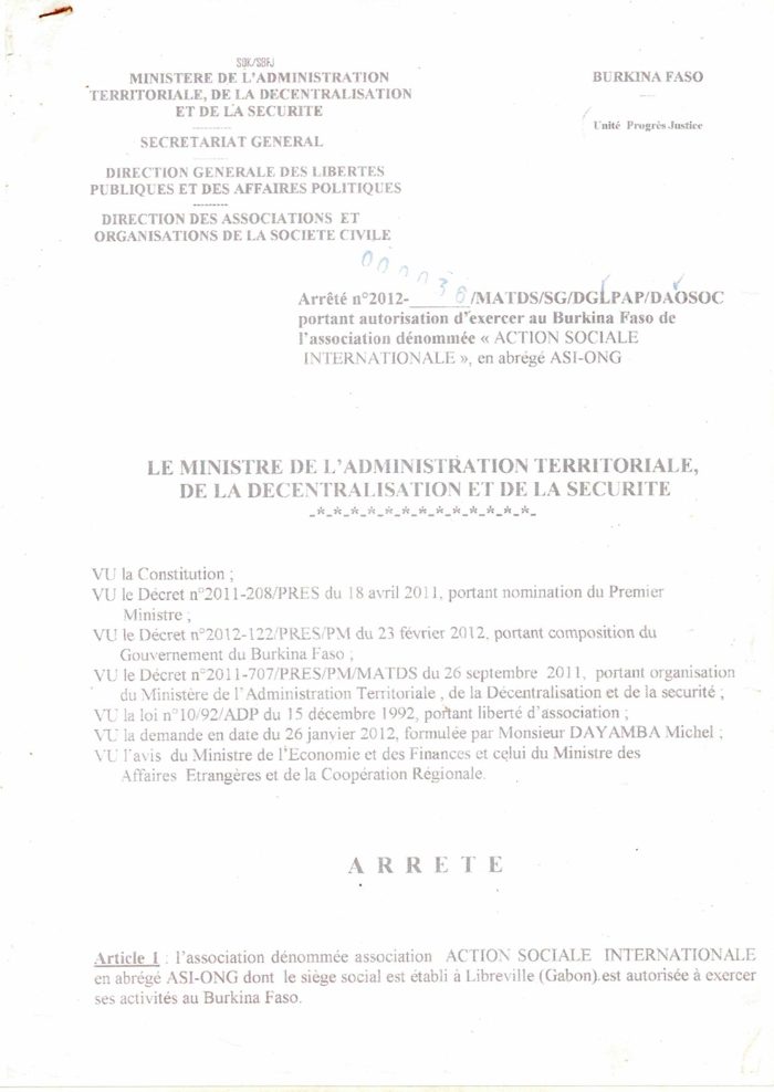 Arrêté n°2012-0036/MATDS autorisant ASI-ONG à exercer au Burkina Faso