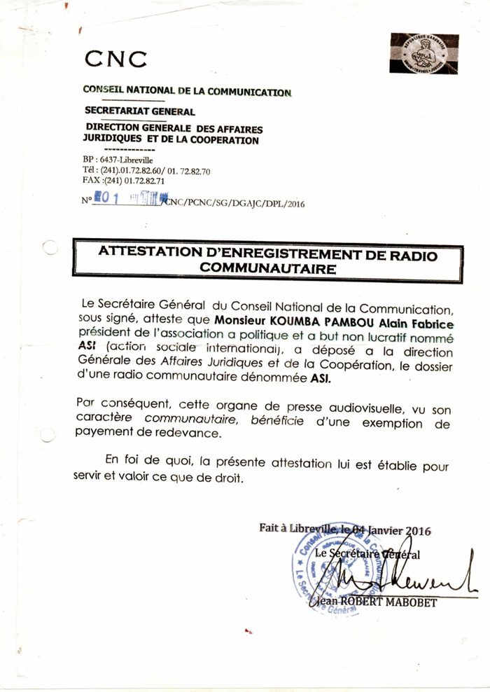 Attestation d'enregistrement de radio communautaire par le CNC