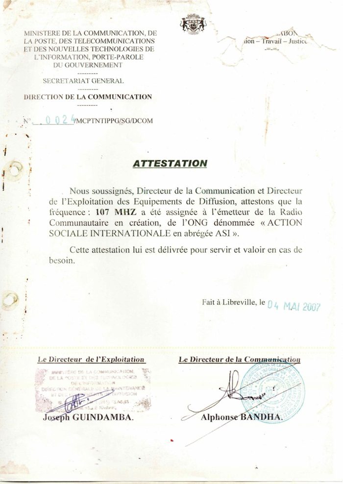Attestation d'assignation de la fréquence 107 MHz