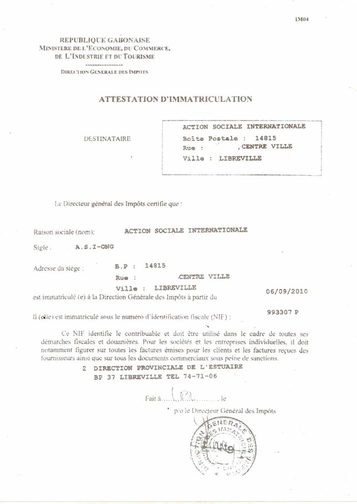 Attestation d'immatriculation fiscale NIF 993307 P