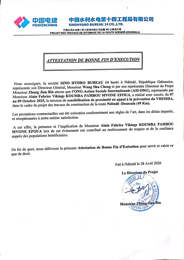 Attestation de bonne fin d'exécution SINOHYDRO Bureau 14