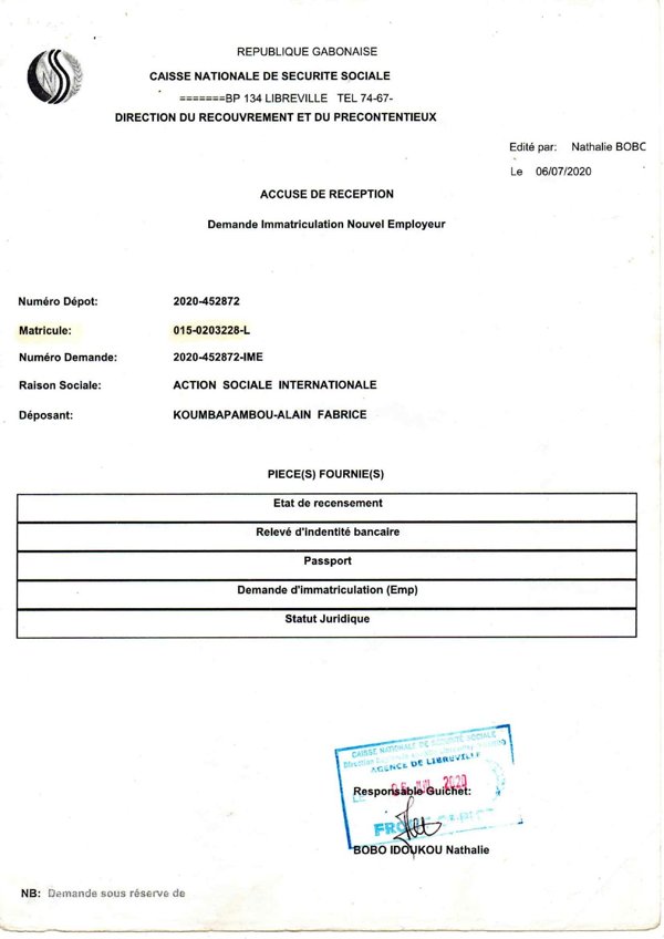 Accusé de réception immatriculation employeur CNSS