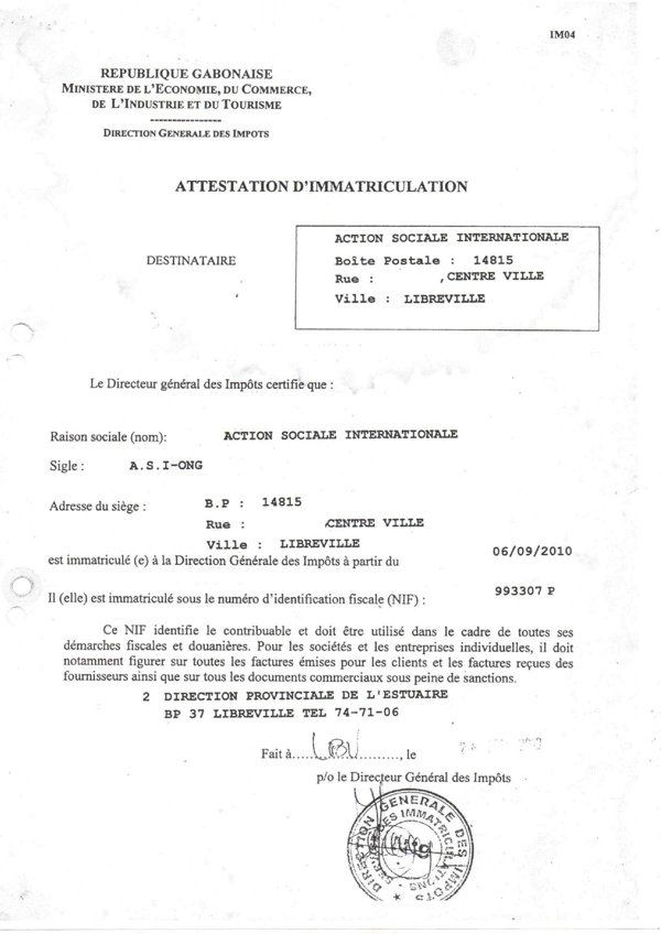 Attestation d'immatriculation fiscale NIF