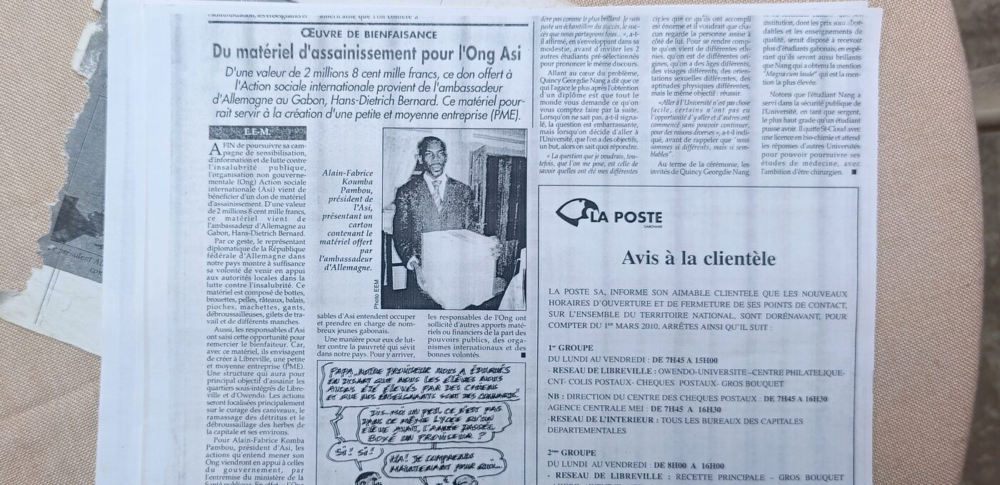 Article de presse : don de matériel d'assainissement par l'ambassadeur d'Allemagne à l'ONG ASI