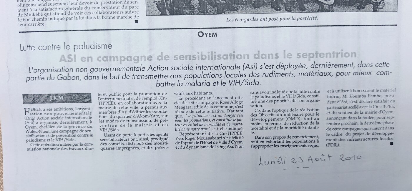 Article de presse : ASI en campagne de sensibilisation contre le paludisme dans le septentrion, Oyem