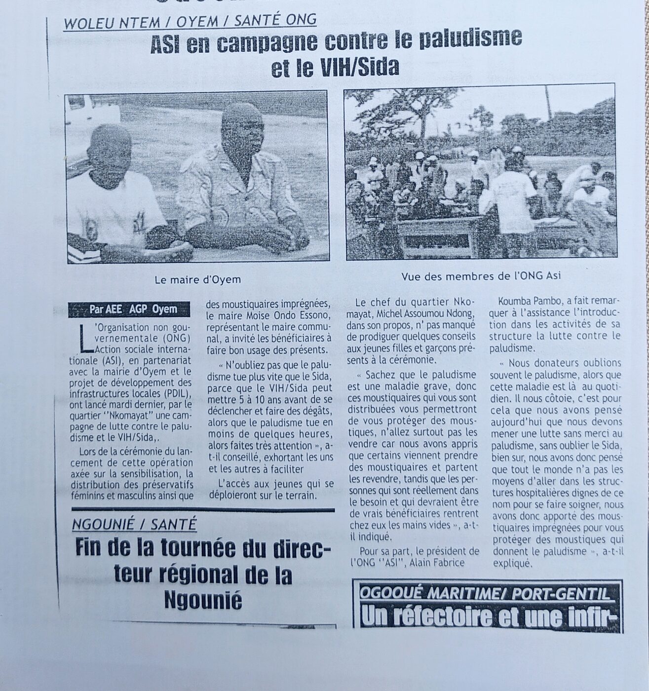 Article Gabon Matin : ASI en campagne contre le paludisme et le VIH-Sida à Oyem, 30 juillet 2010